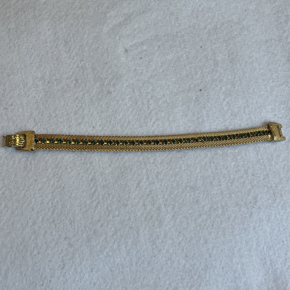 Vintage Sparkly Gold Tone Mesh Green Rhinestone Bracelet Lock Clasp 6.5"
